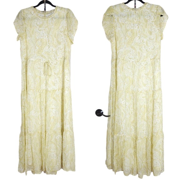 Lucky Brand Women Dress Ariel Tiered Maxi Ruffle Yellow Paisley Floral Prairie S - Picture 2 of 15